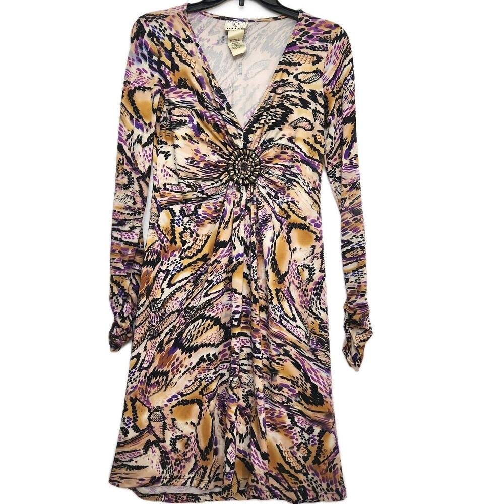 Ice Vintage Y2K Abstract Animal-like Print Long Sleeve Midi Dress Women SZ Small